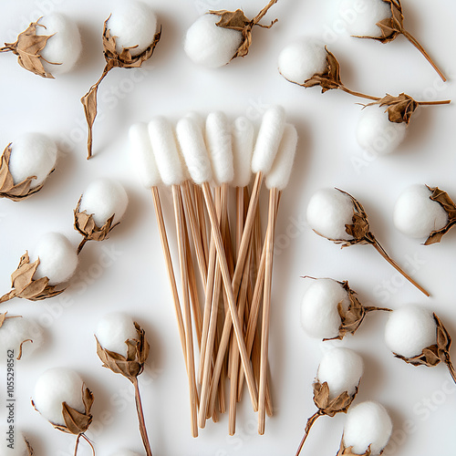 Bamboo Cotton Swabs with Cotton Balls on White Background photo