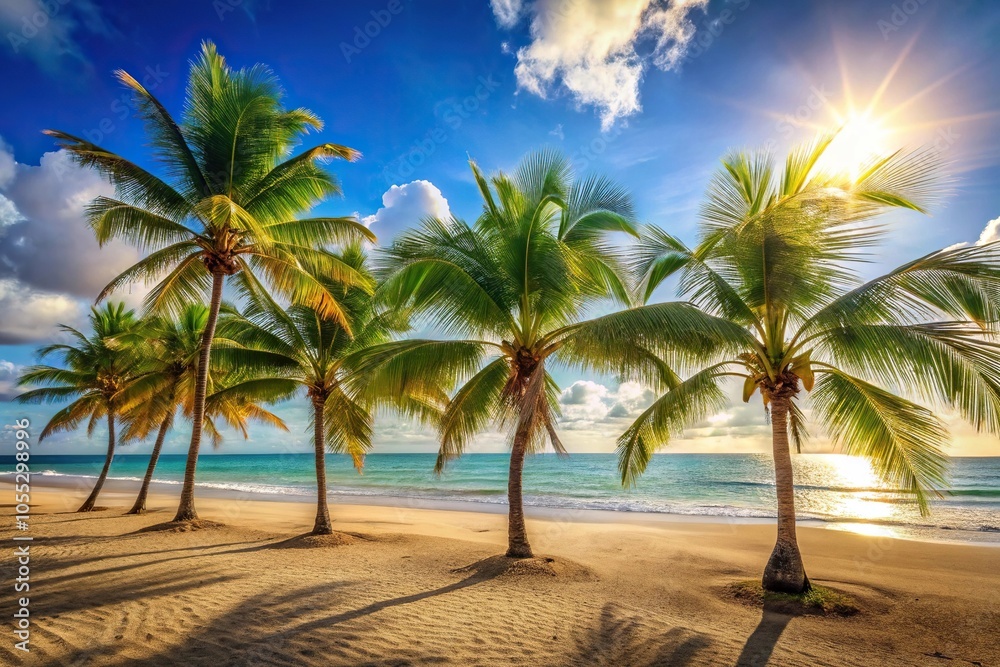 Warm sunny beach scene with palm trees swaying gently in the breeze, sunny landscape, outdoor setting, palm trees, tropical background Warm sunny beach scene with palm trees swaying gently in the breeze, sunny landscape, outdoor setting, palm trees, tropical background