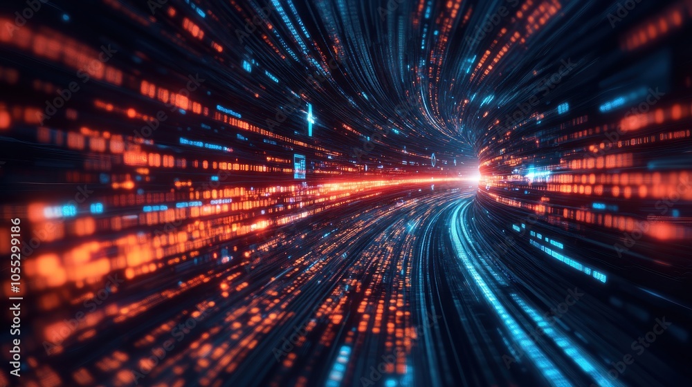 Abstract digital tunnel with glowing lights and data streams, representing fast speed, technology, and innovation. Abstract digital tunnel with glowing lights and data streams, representing fast speed, technology, and innovation.