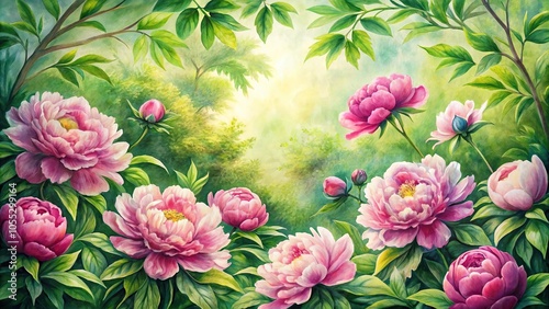 Fototapeta Naklejka Na Ścianę i Meble -  Watercolor peonies in a lush green garden surrounded by lush foliage and vines, flora, lush, peonies, nature, design