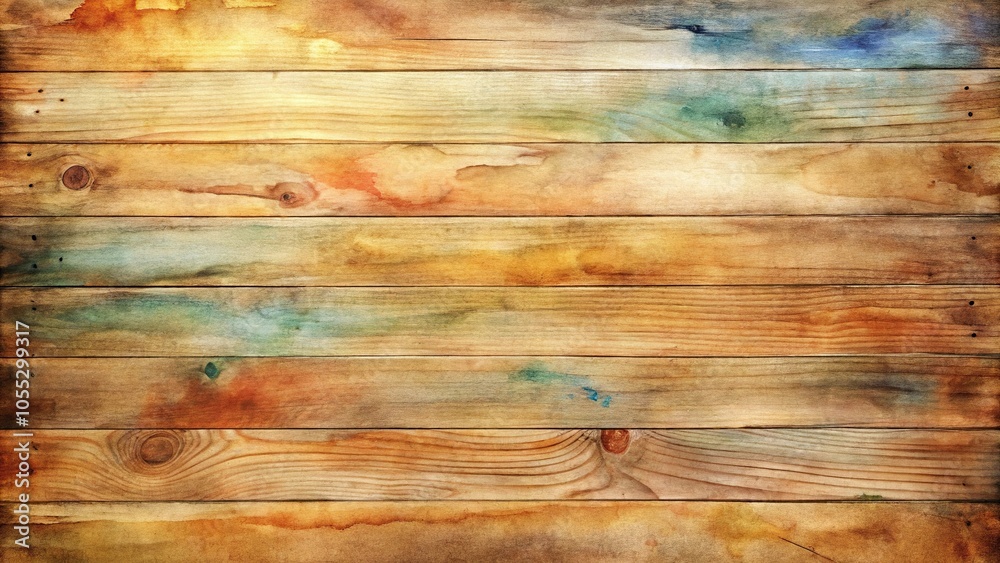 Fototapeta premium Watercolor washes on wood panel with visible texture and subtle fading, watercolor, fading