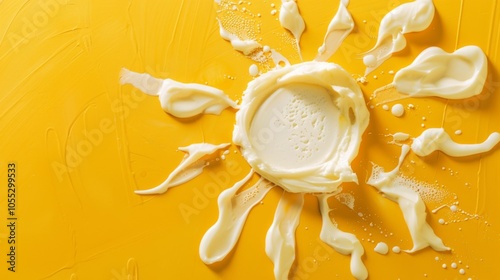 A creative arrangement of creamy splatters forming a sun-like design against a bright yellow background, showcasing an abstract, playful and artistic representation. photo