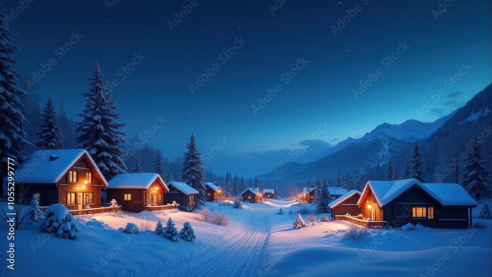 Fototapeta premium Snow-covered cabins glow warmly under a starry night sky. Tall pine trees and mountains surround the tranquil winter scene, evoking peace and solitude.