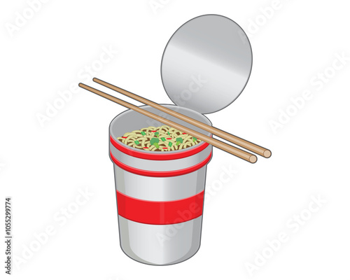 Vector design of a glass or mug made from a mixture of ingredients containing noodles with a pair of chopsticks to use to pick up the soupy noodles