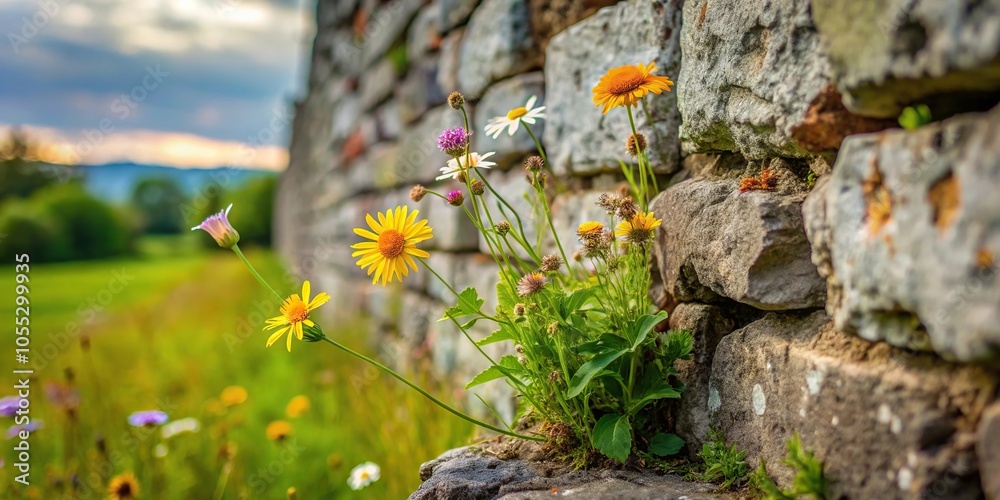 Wildflowers growing through cracks in an old stone wall amidst a lush green meadow, growth, bloom, wildflowers through stones, photo, landscape Wildflowers growing through cracks in an old stone wall amidst a lush green meadow, growth, bloom, wildflowers through stones, photo, landscape