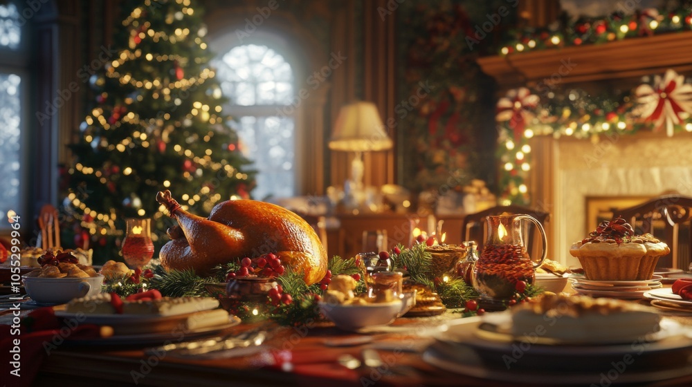 A beautifully set table showcasing a roasted turkey centerpiece, surrounded by various festive decorations like a Christmas tree, glowing candles, and delicious pies. A beautifully set table showcasing a roasted turkey centerpiece, surrounded by various festive decorations like a Christmas tree, glowing candles, and delicious pies.