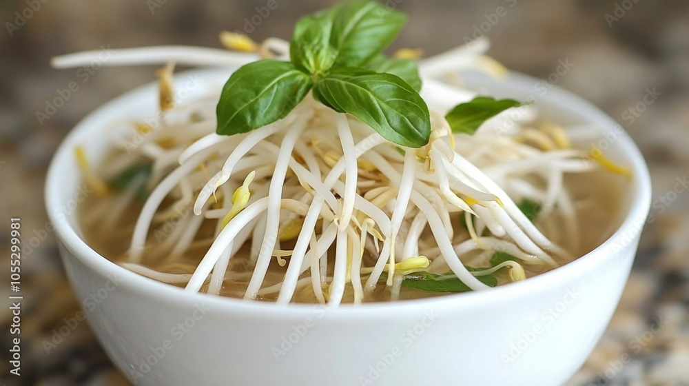 Fresh Pho with Herbs and Bean Sprouts in Simple Kitchen Fresh Pho with Herbs and Bean Sprouts in Simple Kitchen