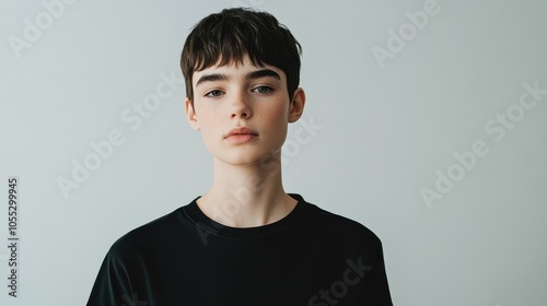 A young model stands confidently in a plain black T-shirt, showcasing a calm demeanor