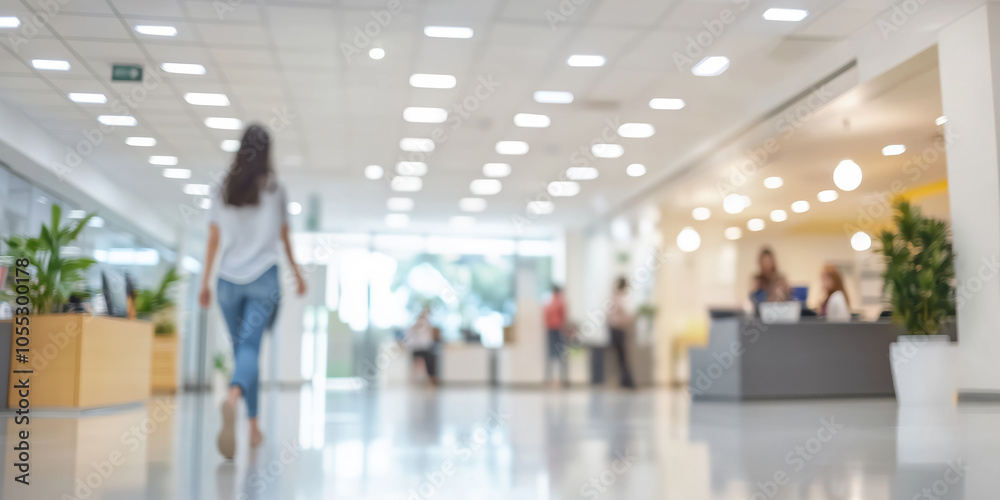 Fototapeta premium Woman walking in a clear modern office open space, working people, workplace teamwork blur background