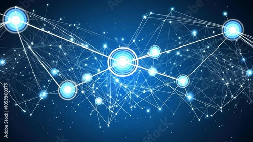 An abstract illustration of a connected network with glowing nodes on a blue background