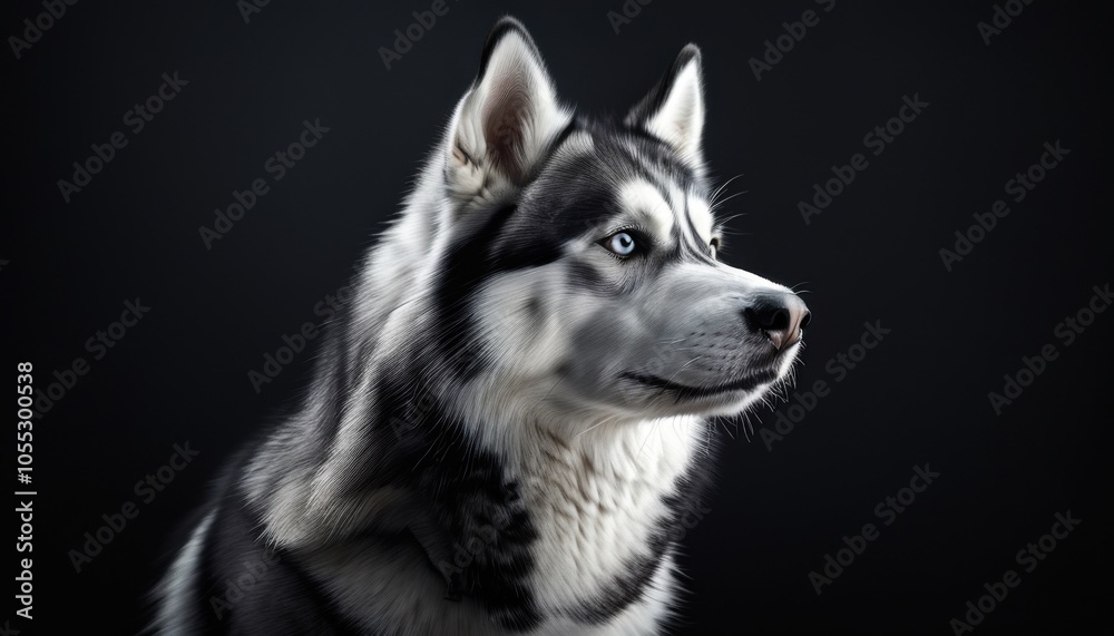 Arctic majesty: A Husky's wild spirit emerges through shadows, capturing the essence of northern beauty. Arctic majesty: A Husky's wild spirit emerges through shadows, capturing the essence of northern beauty.