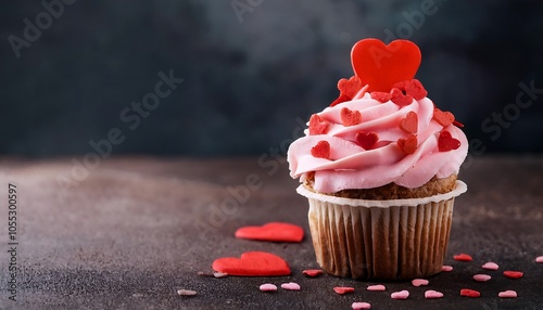 Creative food concept. Strawberry Cupcake muffin cake with topping of icing frosting and pin photo