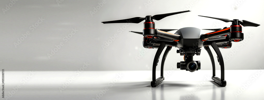 Drone spy. Drone - Flying in the dark, on black background. Closeup on dark. Portable drones, View on the drones gimbal and camera. Drone spy. Drone - Flying in the dark, on black background. Closeup on dark. Portable drones, View on the drones gimbal and camera.