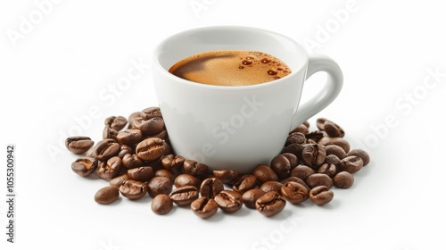 Espresso Coffee Cup with Beans Isolated on White