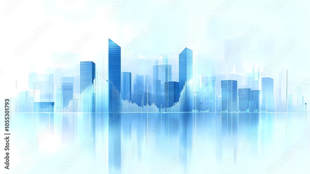 Modern City Skyline with High-Rise Buildings and Transparent Blue Tones Featuring Minimalistic Data Graph Overlay, Highlighting Financial Growth Concept and Futuristic Architecture in Clean Modern City Skyline with High-Rise Buildings and Transparent Blue Tones Featuring Minimalistic Data Graph Overlay, Highlighting Financial Growth Concept and Futuristic Architecture in Clean