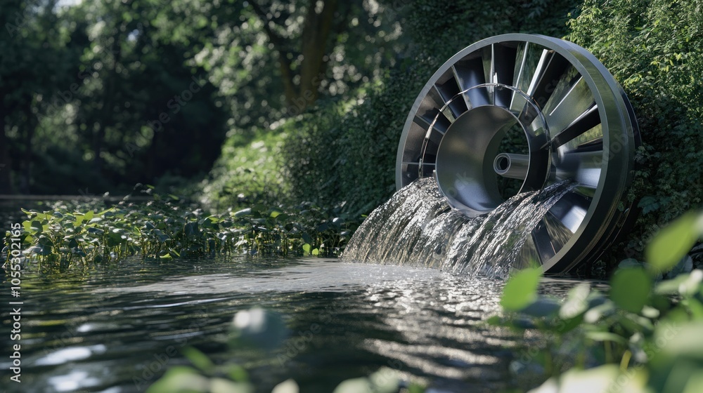 Eco-friendly water turbine in action, generating renewable energy with minimal environmental impact in natural surroundings. Eco-friendly water turbine in action, generating renewable energy with minimal environmental impact in natural surroundings.