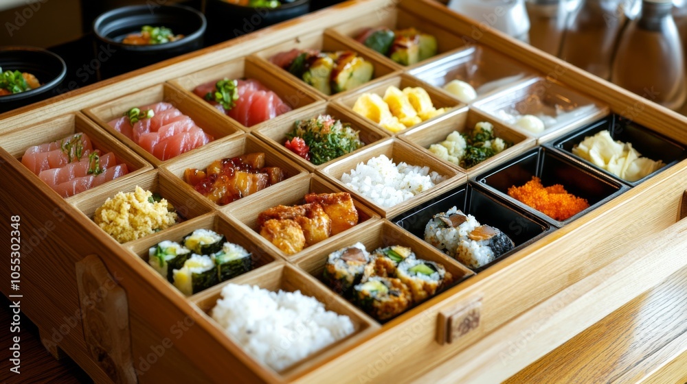Fototapeta premium Fresh Sushi Bento Box in Traditional Japanese Tray