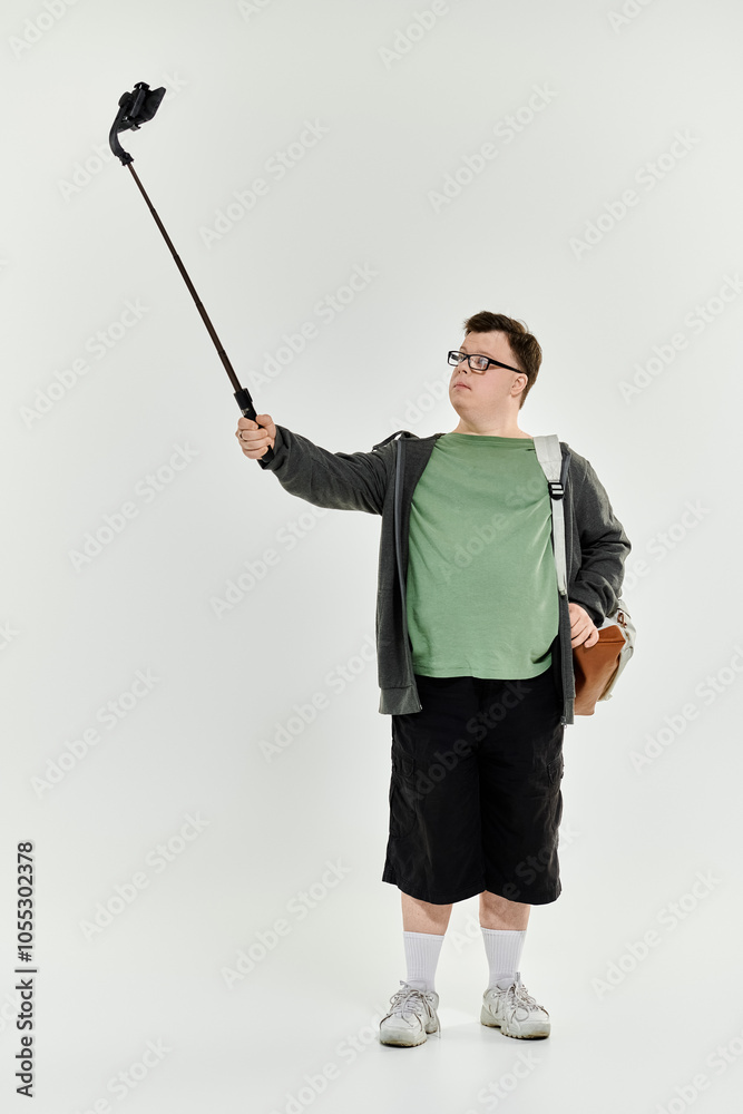 A young man with Down syndrome stands confidently taking a selfie with a stick. A young man with Down syndrome stands confidently taking a selfie with a stick.