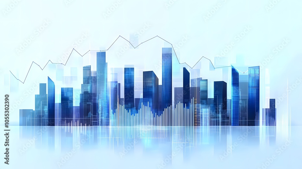 Modern City Skyline with High-Rise Buildings and Transparent Blue Tones Featuring Minimalistic Data Graph Overlay, Highlighting Financial Growth Concept and Futuristic Architecture in Clean Modern City Skyline with High-Rise Buildings and Transparent Blue Tones Featuring Minimalistic Data Graph Overlay, Highlighting Financial Growth Concept and Futuristic Architecture in Clean