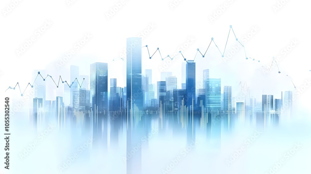 Modern City Skyline with High-Rise Buildings and Transparent Blue Tones Featuring Minimalistic Data Graph Overlay, Highlighting Financial Growth Concept and Futuristic Architecture in Clean Modern City Skyline with High-Rise Buildings and Transparent Blue Tones Featuring Minimalistic Data Graph Overlay, Highlighting Financial Growth Concept and Futuristic Architecture in Clean