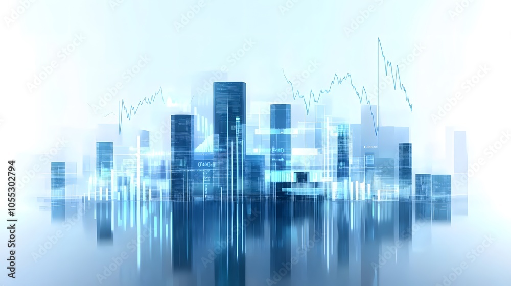 Futuristic Cityscape with Skyscrapers and Transparent Data Overlay, Featuring Digital Finance Aesthetic in Blue and White Tones, Reflecting Economic Growth and Technology-Driven Urban Landscape Futuristic Cityscape with Skyscrapers and Transparent Data Overlay, Featuring Digital Finance Aesthetic in Blue and White Tones, Reflecting Economic Growth and Technology-Driven Urban Landscape