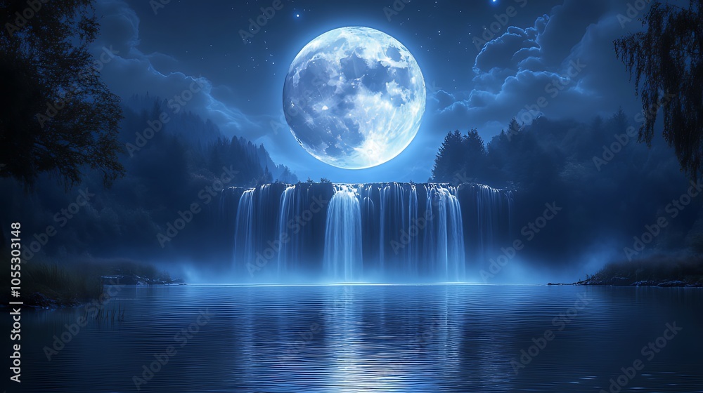 A large full moon illuminates a cascading waterfall in a tranquil forest setting. A large full moon illuminates a cascading waterfall in a tranquil forest setting.