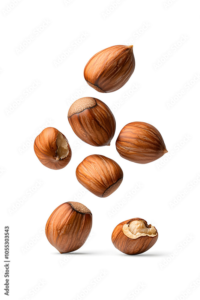 Floating pieces of roasted chestnuts, isolated on white background Floating pieces of roasted chestnuts, isolated on white background
