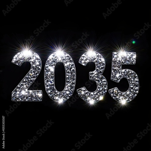 2025 made of sparkling diamonds shining brightly on the black background. New Year's concept.