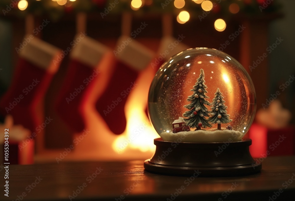 Snow globe with holiday fireplace, stockings hanging, warm glow Snow globe with holiday fireplace, stockings hanging, warm glow