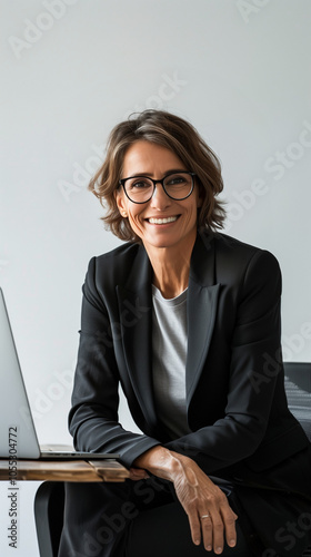 Femme élégante avec lunettes de 40 à 50 ans en costume tailleur devant un ordinateur sur fond blanc : portrait d'une salariée au travail, femme dans le monde de l'entreprise