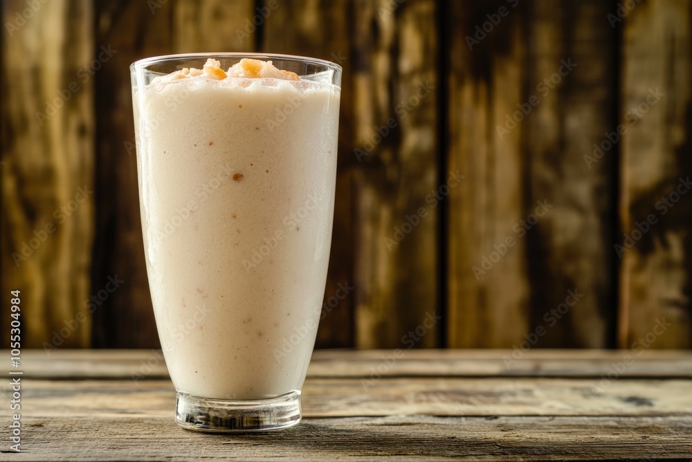 Coconut Smoothie. Healthy Coconut Juice Shake in a Beautiful Glass on a Wooden Background Coconut Smoothie. Healthy Coconut Juice Shake in a Beautiful Glass on a Wooden Background