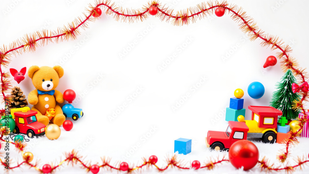 Fototapeta premium Festive holiday decorations with colorful toys and ornaments on a bright white background, capturing the spirit of Christmas cheer