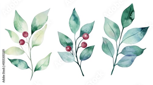 Watercolor illustration of green leaves and red berries on a white background.