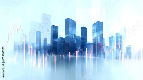 City Skyline Blended with Financial Graphs Using Double Exposure Effect, Featuring Transparent Buildings, Tech-Inspired Colors, and Digital Analytics for Economic Data Visualization in Futuristic