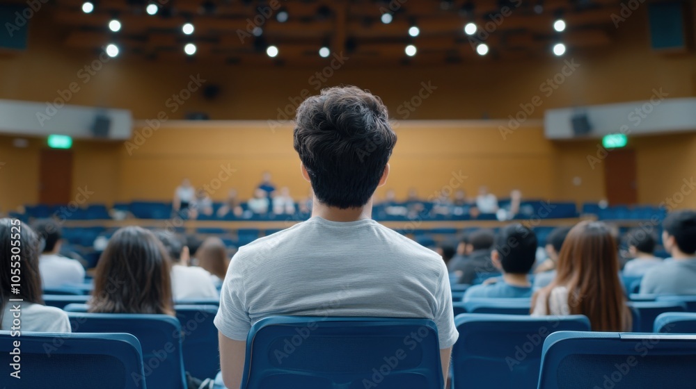 Audience member watching a presentation in a large hall Audience member watching a presentation in a large hall