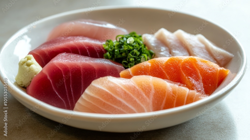 Sashimi Selection with Soy Sauce and Wasabi on Plate Sashimi Selection with Soy Sauce and Wasabi on Plate
