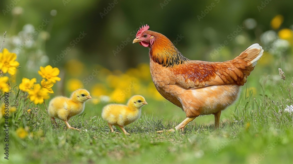 Fototapeta premium Hen and Two Chicks in a Field of Yellow Flowers