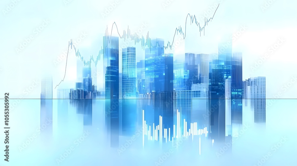 Digital Economy Visualization in Urban Setting Featuring Skyscrapers with Data Lines, Reflective Glass and Metal, Highlighting Financial Market Trends and Economic Progress in Blue Gradient Tones