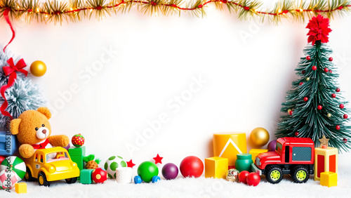 Festive holiday decorations with colorful toys and ornaments on a bright white background, capturing the spirit of Christmas cheer