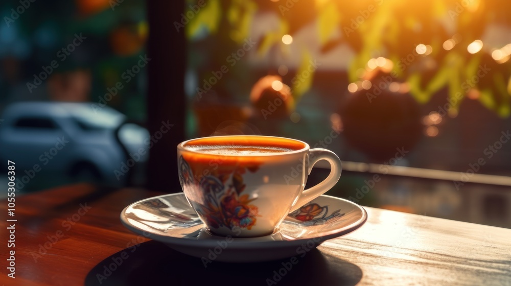 Obraz premium Coffee cup on a table with a window view