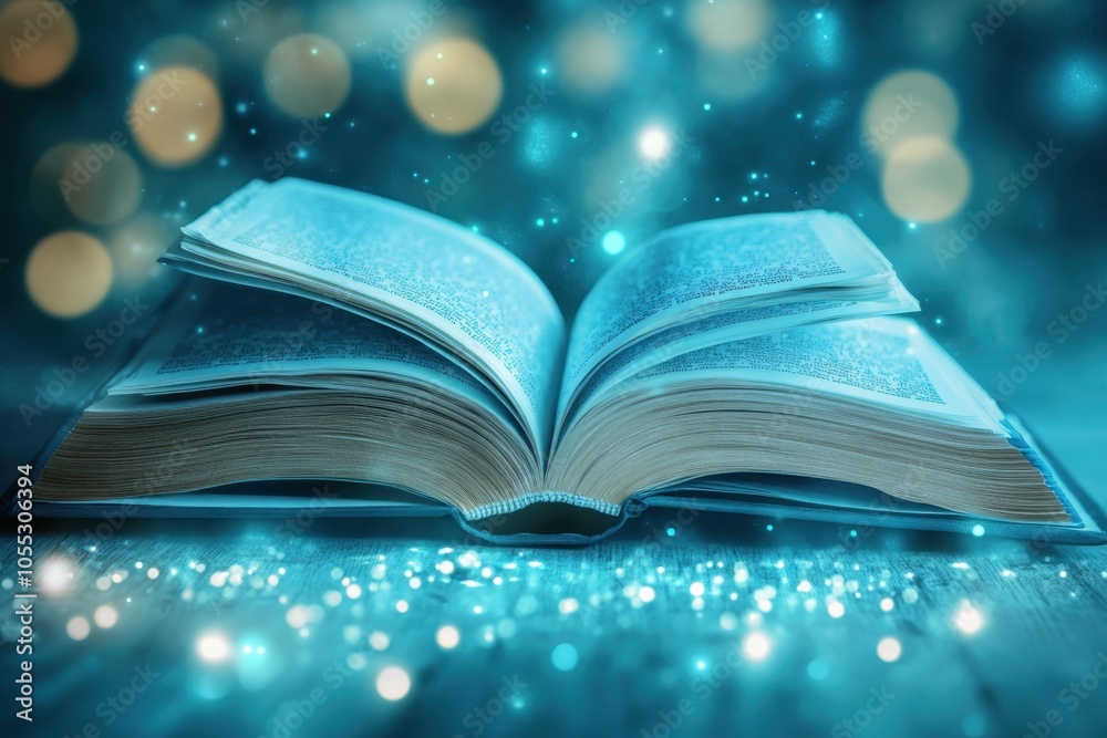 An open book surrounded by magical sparkles in a serene blue background at nighttime An open book surrounded by magical sparkles in a serene blue background at nighttime