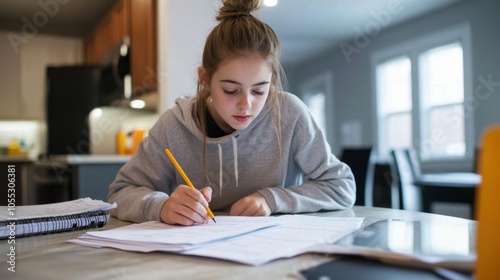 Young girl studying and writing at home in cozy environment.