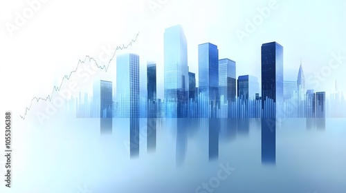 Digital Economy Visualization in Urban Setting Featuring Skyscrapers with Data Lines, Reflective Glass and Metal, Highlighting Financial Market Trends and Economic Progress in Blue Gradient Tones