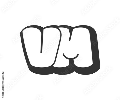 VM logo, bubble comic lettering, rounded in graffiti style black and white silhouette. Trendy preschool V and M letter text for festival party, personal initials, children funky print and web.