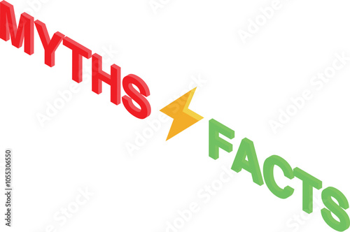 Isometric view of lightning transforming myths written in red into facts written in green, representing the power of truth and knowledge