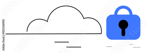 Outline of a cloud next to a blue lock. Ideal for cybersecurity, cloud computing, data security, online privacy, and secure storage themes. Simple and minimalist style