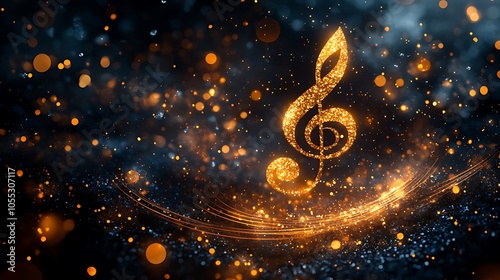 A golden treble clef shines brightly against a dark background with a blue and gold bokeh effect.