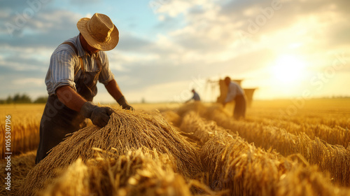 Harvest workers threshing rice in rural field during sunset, showcasing beauty of agricultural labor and golden hues of landscape photo