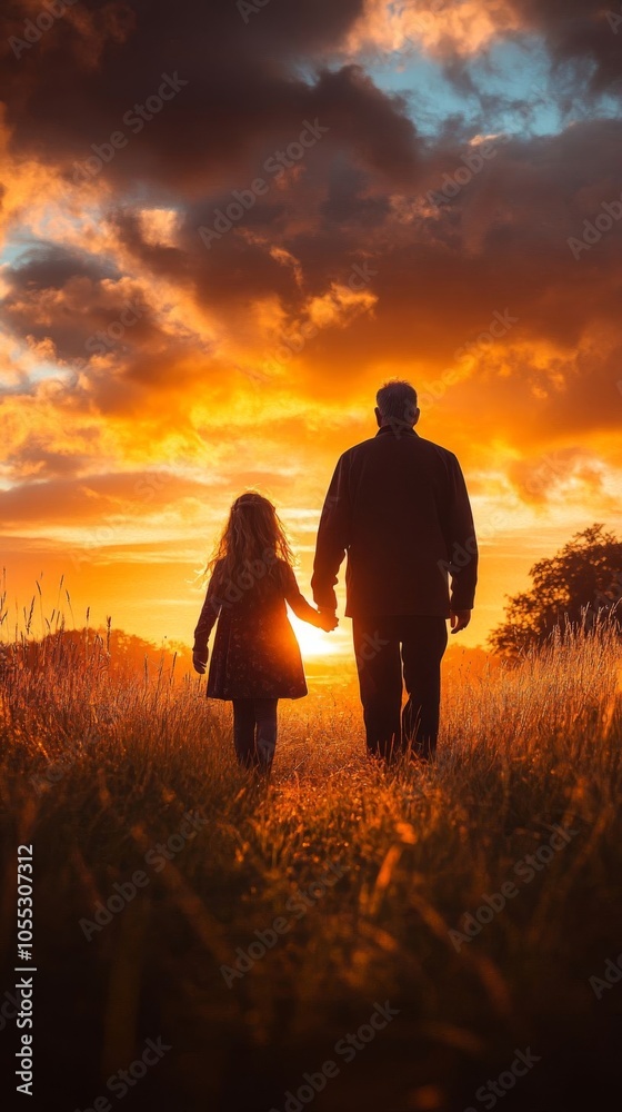Grandfather and granddaughter at sunset.
