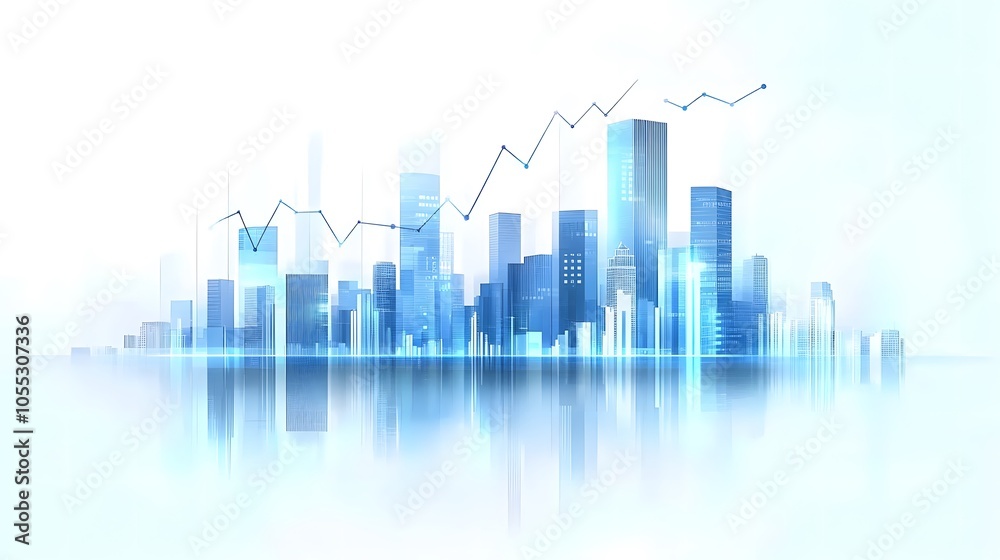 Minimalist Cityscape with Economic Data Elements and High-Rise Buildings in Blue Tones, Featuring Transparent Overlays and an Abstract Finance Theme to Represent Modern Business Growth in a Clean Minimalist Cityscape with Economic Data Elements and High-Rise Buildings in Blue Tones, Featuring Transparent Overlays and an Abstract Finance Theme to Represent Modern Business Growth in a Clean
